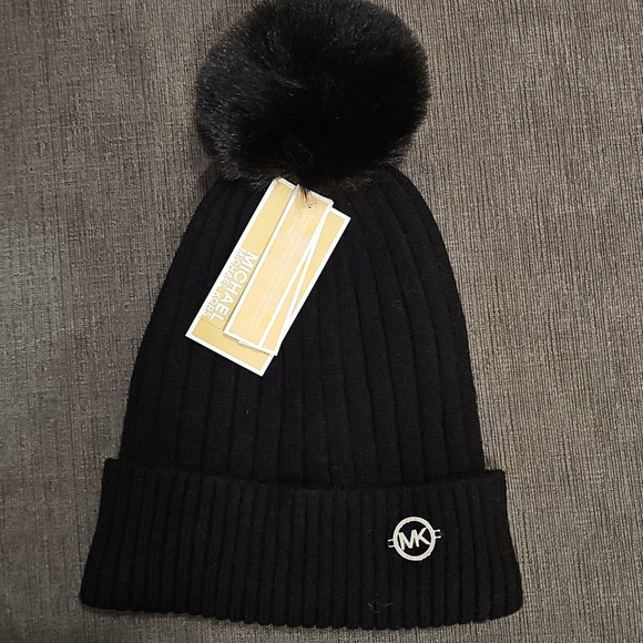 Michael Kors Cable Knit Fleece Lined Cuffed Pom Pom Winter Black Beanie hat MK main image 8